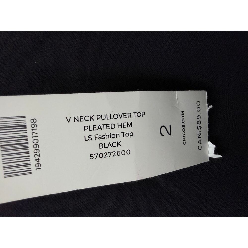 Chico’s Black V-Neck Pleated Hem Pullover Top • NWT • Size 2 (12/14) - Picture 3 of 5